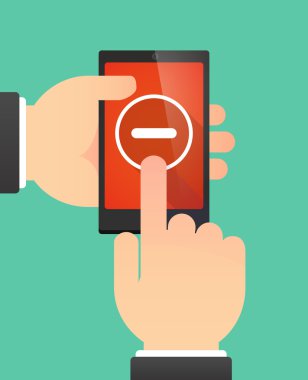 Man's hands using a phone showing a subtraction sign