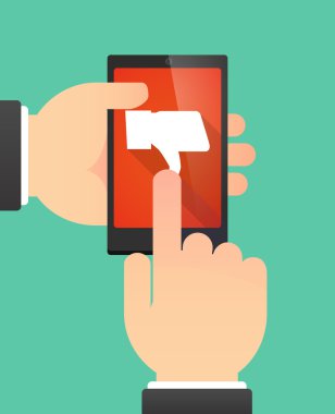 Man's hands using a phone showing a thumb down hand