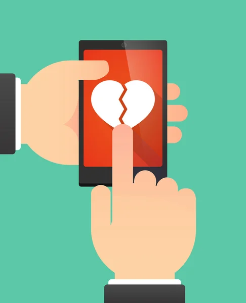 Man's hands using a phone showing a broken heart — Stock Vector