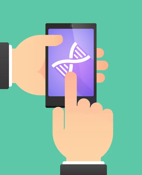 Man's hands using a phone showing a DNA sign — Stock vektor