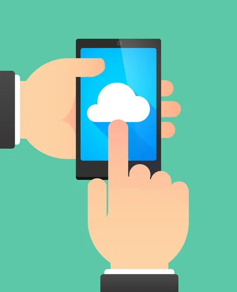 Man's hands using a phone showing a cloud — Stock vektor