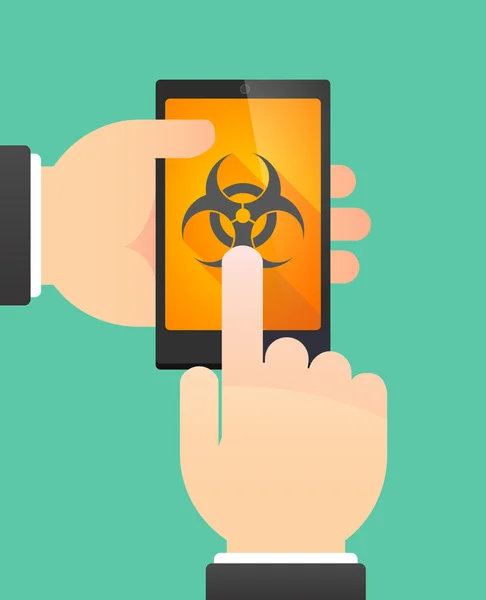 Man's hands using a phone showing a biohazard sign — 图库矢量图片