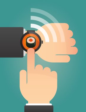 Hand pointing a smart watch with a piece of sushi