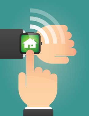 Hand pointing a smart watch with a house