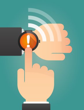 Hand pointing a smart watch with an exclamarion sign