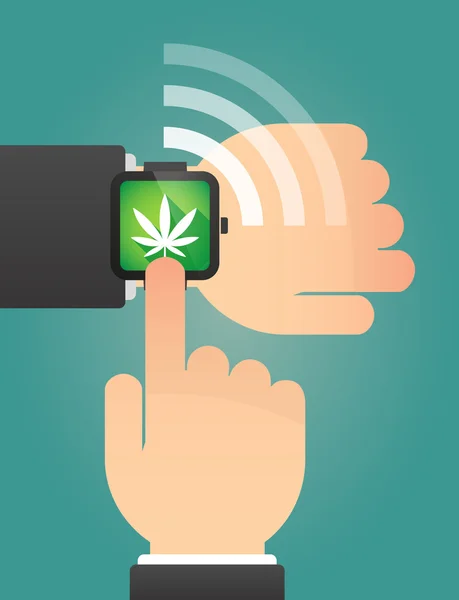 Hand pointing a smart watch with a marijuana leaf — Stock vektor