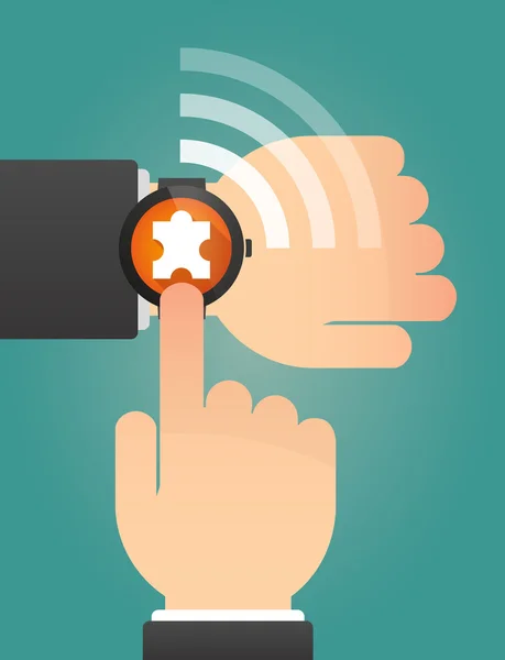 Hand pointing a smart watch with a puzzle piece — Stock Vector