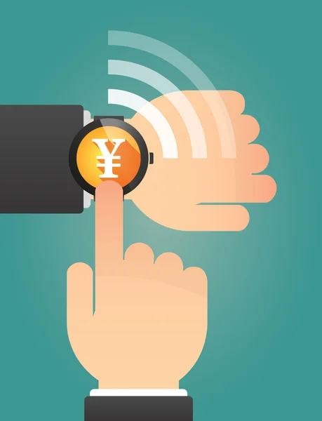 Hand pointing a smart watch with a yen sign — Stockvector