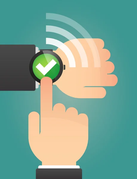 Hand pointing a smart watch with a check mark — Stockvector