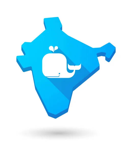 Long shadow India map icon with a whale — Stock Vector