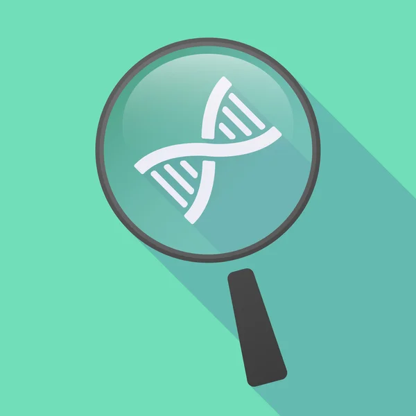 Ícone de lupa de sombra longa com um sinal de DNA —  Vetores de Stock