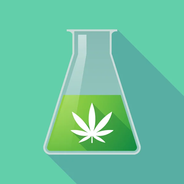 Frasco de tubo de ensaio químico de sombra longa com uma folha de marijuana — Vetor de Stock