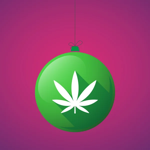 Long shadow christmas ball icon with a marijuana leaf — Stock Vector