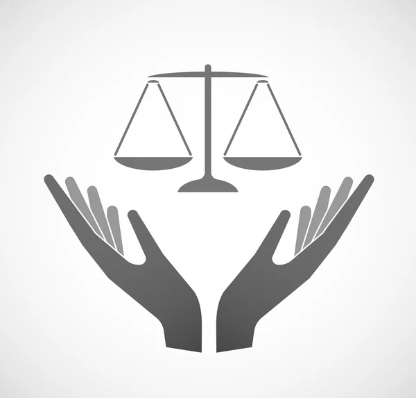 Två händer erbjuder en rättvisa vikt skala tecken — Stock vektor