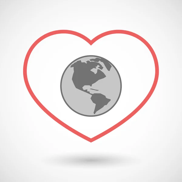 Line hearth icon with an America region world globe — Stock Vector