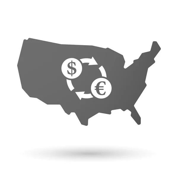 与美元欧元交换符号的孤立的美国矢量地图图标 — 图库矢量图片