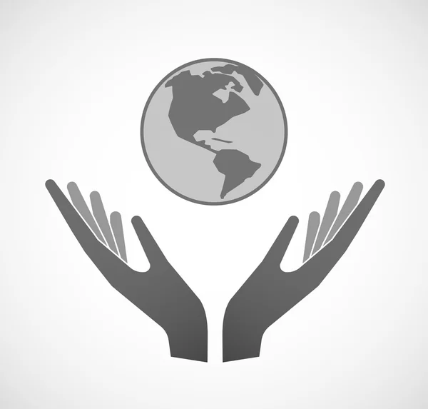 Deux mains vectorielles offrant une région de l'Amérique globe mondial — Image vectorielle