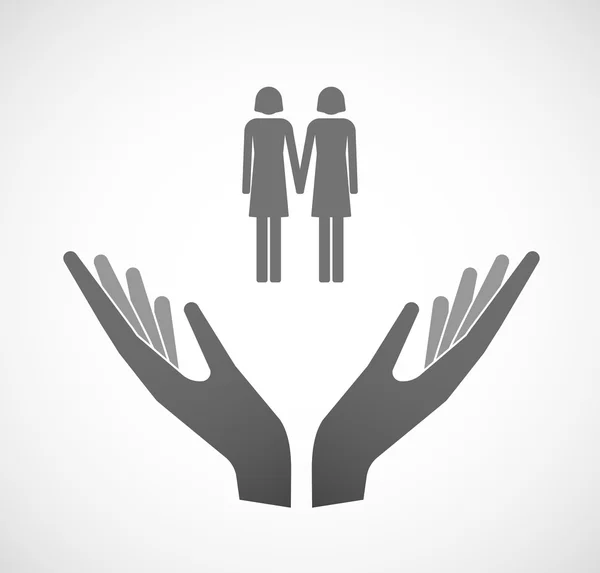 Two vector hands offering a lesbian couple pictogram — Stock Vector