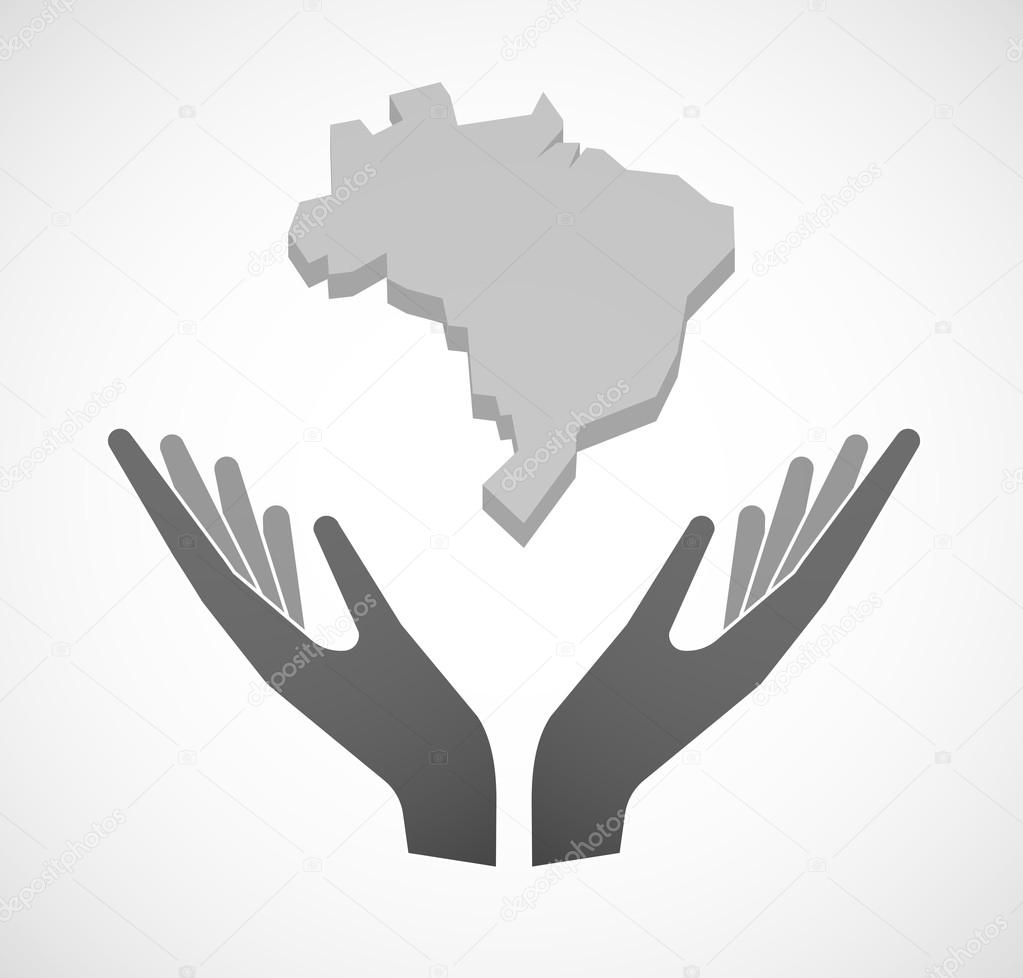 Two vector hands offering  a map fo Brazil