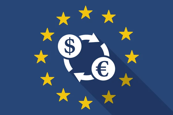 De vlag van de lange schaduw van de Europese Unie met een dollar-euro wisselen sig — Stockvector