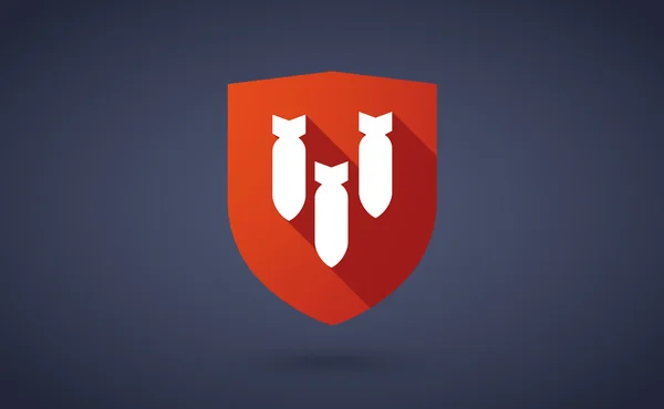 Icono de escudo de sombra largo con tres bombas cayendo — Vector de stock