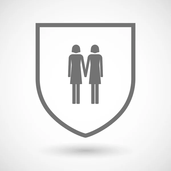 Line art shield icon with a lesbian couple pictogram — Stock Vector
