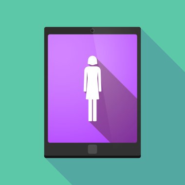 Uzun gölge tablet pc simgesi ile bir kadın piktogram