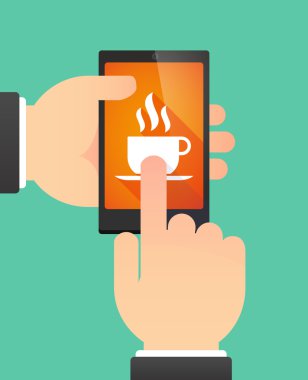 Bir fincan kahve gösterilen bir telefonu kullanan adam