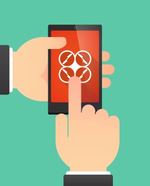 Bir dron gösterilen bir telefonu kullanan adam