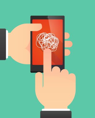 Bir doodle gösterilen bir telefonu kullanan adam