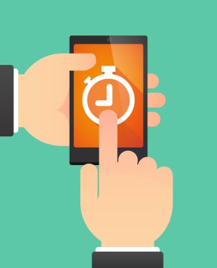 Bir zamanlayıcı gösterilen bir telefonu kullanan adam