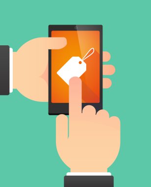 Bir etiket gösterilen bir telefonu kullanan adam