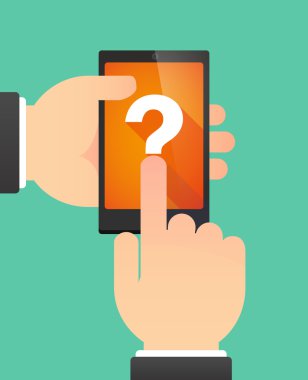 Bir soru işaret gösteren bir telefonu kullanan adam