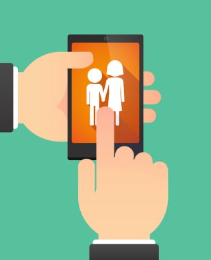 Bir çocukluk piktogram gösterilen bir telefonu kullanarak eller