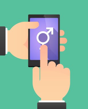 Bir bigender sembolünü gösterirken bir telefonu kullanarak eller