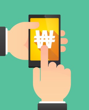 Kazanılan para birimi işaret gösteren bir telefonu kullanarak eller