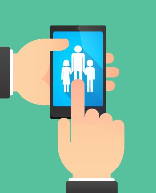 Bir erkek tek üst aile pictogra gösterilen bir telefonu kullanarak eller