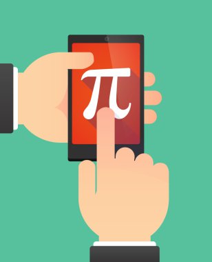 Sayı pi sembolünü gösterirken bir telefonu kullanarak eller