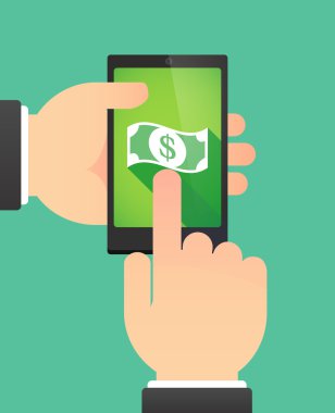 Bir dolarlık banknot gösterilen bir telefonu kullanarak eller