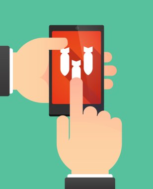Üç bomba düşüyor gösterilen bir telefonu kullanarak eller