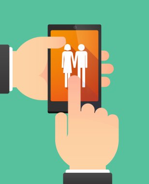 Bir heteroseksüel çift piktogram gösterilen bir telefonu kullanarak eller