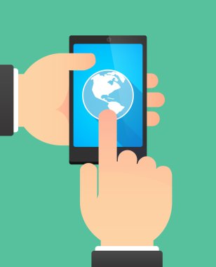 Bir Amerika Bölge dünya küre gösterilen bir telefonu kullanarak eller