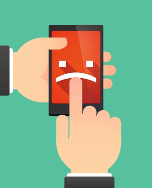 Bir üzücü metin yüz gösterilen bir telefonu kullanarak eller