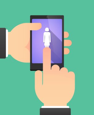 Kadın bir piktogram gösterilen bir telefonu kullanarak eller