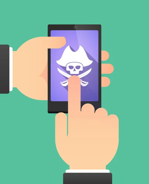 Manos usando un teléfono que muestra un cráneo pirata — Vector de stock