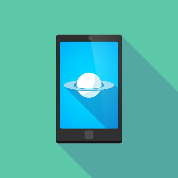 Long shadow phone icon with  the planet Saturn — Stock Vector