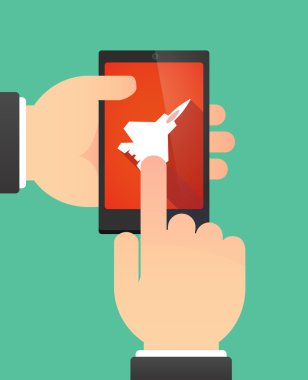 Bir savaş uçağı gösterilen bir telefonu kullanarak eller