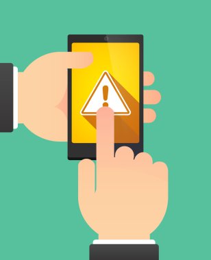 Bir uyarı sinyali gösterilen bir telefonu kullanarak eller