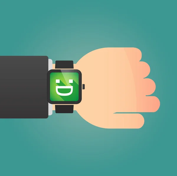 Man showing a smart watch with a laughing text face — Stock Vector