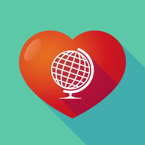 Longue ombre coeur rouge avec une table globe du monde — Image vectorielle